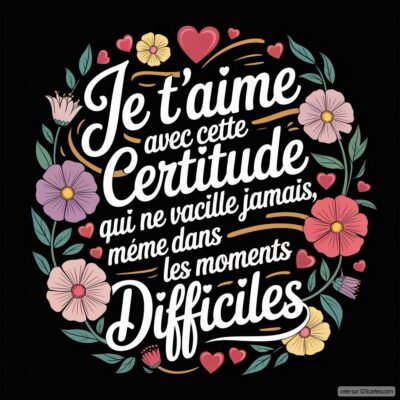 Message d'amour entouré de fleurs, affirmant une certitude inébranlable même dans les moments difficiles.