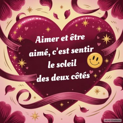 Un grand cœur est orné de motifs élégants, avec le texte Aimer et être aimé, c'est sentir le soleil des deux côtés.