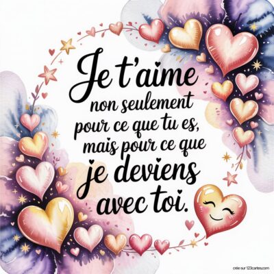 Phrase d'amour entourée de cœurs pastel et d'étoiles, exprimant des sentiments profonds et nostalgiques.