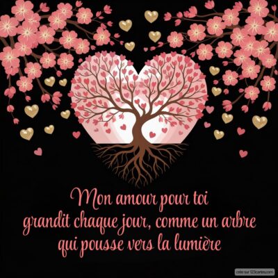Un cœur formé par des fleurs et un arbre, accompagné du texte : Mon amour pour toi grandit chaque jour.