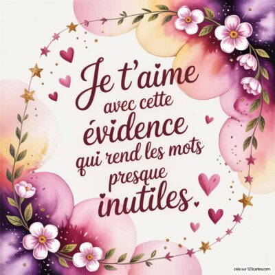 Texte enjoué exprimant l'amour, entouré de fleurs et de cœurs, sur un fond doux et harmonieux.