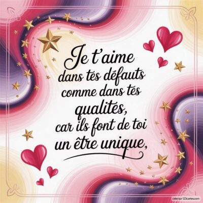 Texte en spirale avec des cœurs et des étoiles, exprimant un message d'amour inconditionnel et d'acceptation.
