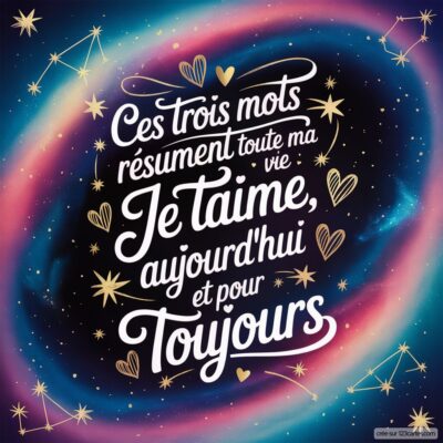 Texte stylisé sur fond cosmique exprimant l'amour éternel : Je t'aime, aujourd'hui et pour toujours. Étoiles en décor.