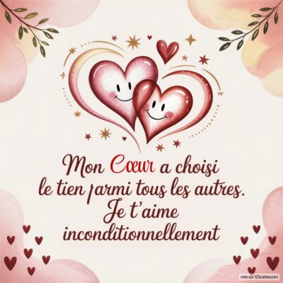 Deux cœurs souriants entourés de petits cœurs, avec le message : Mon cœur a choisi le tien parmi tous les autres. Je t'aime inconditionnellement.