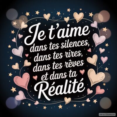 Texte en blanc sur fond noir, avec des cœurs entourant la phrase Je t'aime dans tes silences, dans tes rires, dans tes rêves et dans ta Réalité.