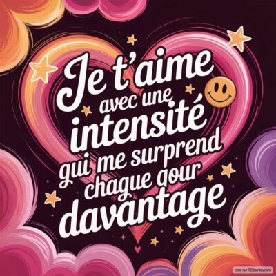 Carte virtuelle avec un cœur au centre, entouré de nuages et d'étoiles, exprimant un message d'amour fort et touchant.