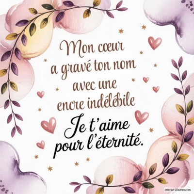 Fond doux avec des motifs de feuilles et de cœurs, accompagné du message d'amour Je t'aime pour l'éternité.