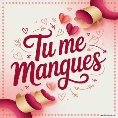 Écriture stylisée Tu me manques entourée de cœurs et de rubans, sur un fond doux et romantique.