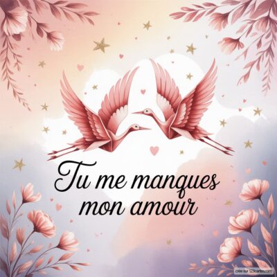 Deux cigognes se font face, entourées de fleurs et de cœurs, avec le texte Tu me manques mon amour au centre.