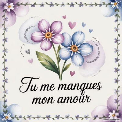 Deux fleurs, l'une violette et l'autre bleue, accompagnées de cœurs. Texte au centre : Tu me manques mon amour.