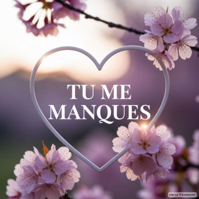 Un cœur entouré de fleurs de cerisier avec le texte TU ME MANQUES écrit en blanc, évoquant tendresse et nostalgie.