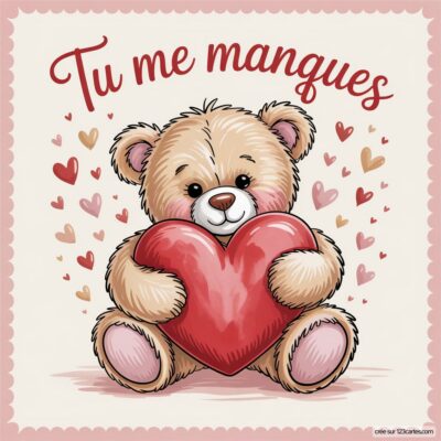 Un ours en peluche étreint un grand cœur rouge, entouré de petits cœurs et du texte Tu me manques en haut.