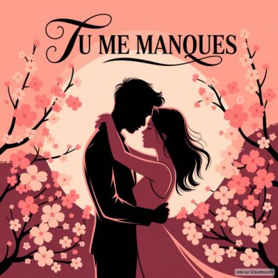 Un couple s'embrassant tendrement, entouré de fleurs, avec le texte Tu me manques écrit au-dessus d'eux.