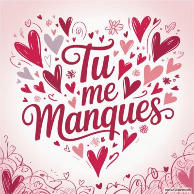 Texte stylisé 'Tu me manques' entouré de cœurs roses et rouges sur un fond doux, évoquant l'amour et la tendresse.
