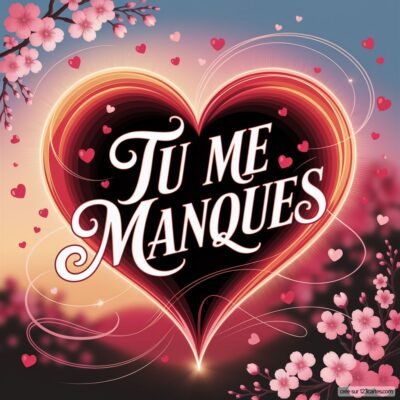 Un cœur stylisé avec la phrase Tu me manques au centre, entouré de fleurs et de petits cœurs, évoquant l'amour et la nostalgie.