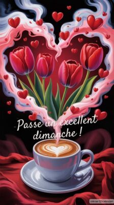 Une tasse de café avec des tulipes au centre forme un cœur entouré de cœurs flottants, créant une ambiance chaleureuse et joyeuse.