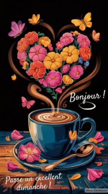 Une tasse de café émet des volutes en forme de cœur, entourée de fleurs et de papillons, sur une table en bois.