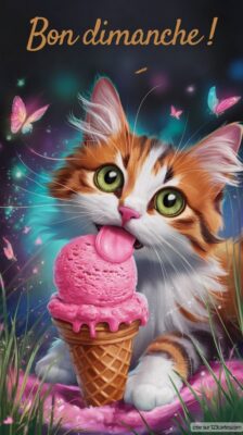 Un chat espiègle savoure une glace à la fraise sur un fond de fleurs et de papillons, évoquant la douceur d'un dimanche.