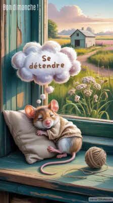 Une petite souris est allongée sur un coussin, paisiblement endormie, regardant à travers une fenêtre sur un champ verdoyant.