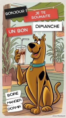 Carte virtuelle illustrant un chien cartoon tenant un verre. En arrière-plan, des plantes en pot et un intérieur accueillant évoquent la détente dominicale.