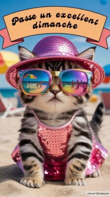 Un chat rayé en maillot scintillant et chapeau, portant des lunettes de soleil, profite d'une journée ensoleillée à la plage.