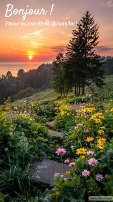 Image d'un chemin de pierre serpentant à travers un champ de fleurs, avec un lever de soleil éclatant et des arbres en arrière-plan.