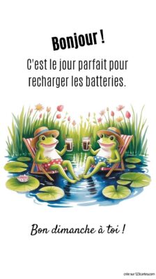 Deux grenouilles assises sur des chaises longues au bord d'un étang, profitant d'un moment de détente avec des boissons.