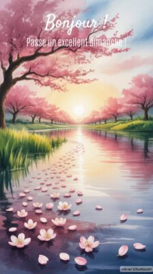 Illustration d'un paysage printanier avec des cerisiers en fleurs, un ruisseau tranquille et des pétales flottants à la surface de l'eau.