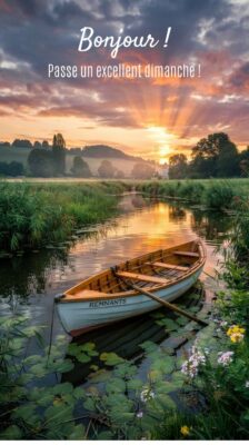 Un paysage paisible au bord d'une rivière, avec un bateau en bois flottant sous un ciel lumineux, entouré de verdure et de fleurs.