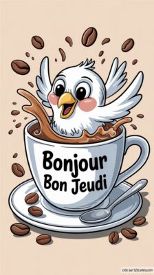 Un oiseau joyeux émerge d'une tasse de café, entouré de grains, apportant une ambiance chaleureuse et amicale pour le jeudi.
