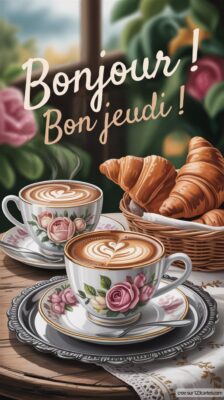 Deux tasses de café ornées de roses, accompagnées d'un panier de croissants, sur une table avec un joli décor floral en arrière-plan.