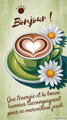 Une tasse de café avec un motif en forme de cœur, accompagnée de marguerites, sur fond texturé évoquant un jeudi positif.