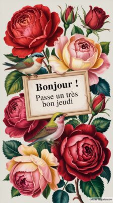 Illustration florale avec des roses de différentes nuances, entourées de petits oiseaux chantants, apportant une ambiance joyeuse.