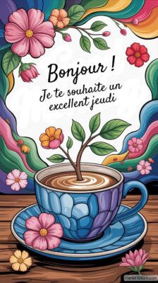 Une tasse de café fumant avec un petit plant émergeant, entourée de fleurs et de motifs en arrière-plan. Souhait d'une belle journée.
