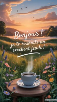 Une tasse de café fumante repose sur une table en bois, entourée de fleurs et d'une prairie verdoyante sous un ciel lumineux.