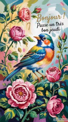 Une carte illustrée d'un oiseau aux plumes vives, perché parmi des roses épanouies et des feuilles luxuriantes.