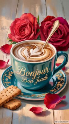 Une tasse de café avec un motif en surface, entourée de roses rouges et de pétales, repose sur une table en bois. Biscuit à côté.