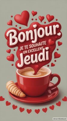 Une tasse de café fumante avec un croissant, entourée de petits cœurs, évoque des vœux chaleureux pour un bon jeudi.