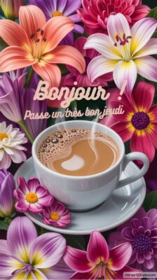 Une tasse de café fumante trône au centre, entourée de fleurs variées et éclatantes, créant une ambiance printanière joyeuse.