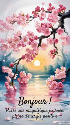 Image d'une scène paisible avec des fleurs de cerisier au bord d'un lac, un lever de soleil illuminant l'eau et le ciel.