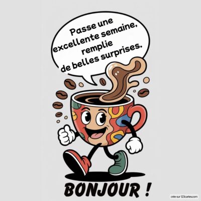 Un joyeux personnage en forme de tasse de café marche, dégageant des arômes. Des grains de café flottent autour.
