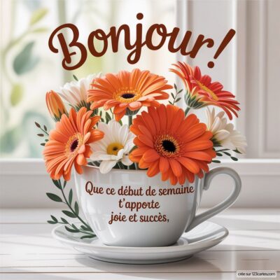 Une tasse blanche contenant des fleurs variées, avec des gerberas orange et des marguerites blanches, sur une soucoupe.