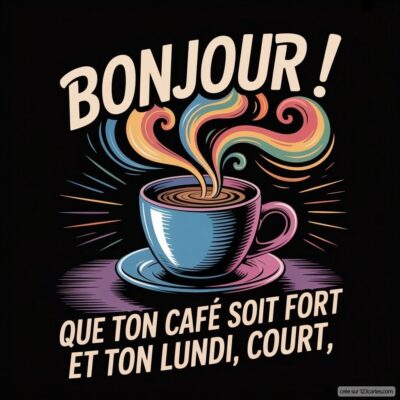 Une tasse de café fumante avec des volutes colorées s'élevant, symbolisant une journée énergisante et motivante.