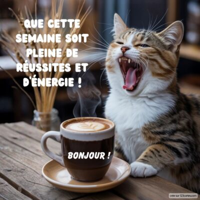 Un chat souriant bâille près d'une tasse de café fumante sur une table en bois, évoquant un bon début de semaine pleine d'énergie.