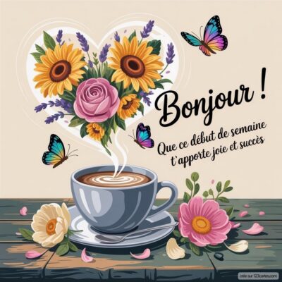 Un joli bouquet de tournesols et de roses surplombe une tasse de café fumante, entouré de fleurs et de papillons.