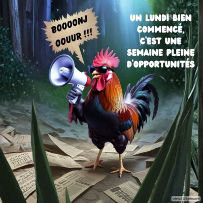 Un coq énergique avec un mégaphone encourage à bien commencer la semaine, entouré de feuilles et d'une ambiance naturelle.