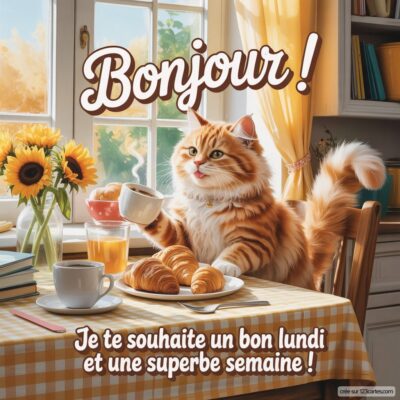 Un chat aux poils longs est assis à une table, tenant une tasse, entouré de croissants et de fleurs au soleil. Ambiance chaleureuse.