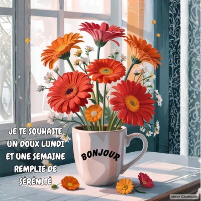 Un bouquet de fleurs épanouies dans une tasse sur une table, illuminé par la lumière du matin, évoquant douceur et sérénité.