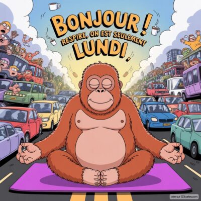 Un orang-outan assis en méditation sur un tapis, entouré de voitures dans un embouteillage, pour égayer ce lundi.