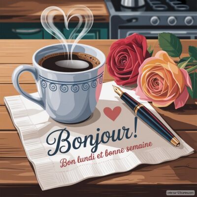 Une tasse de café fumant repose sur une serviette, avec des roses et un stylo, évoquant douceur et bonne humeur pour le lundi.